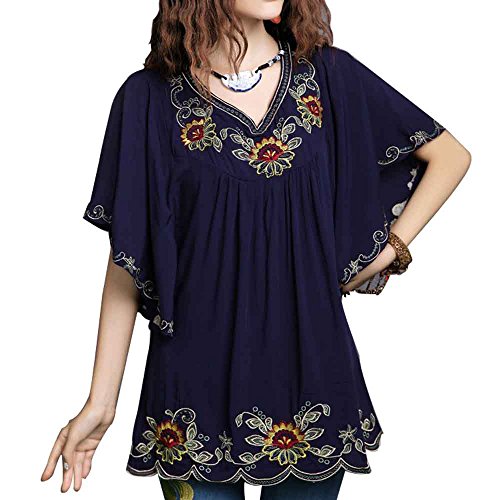 Ashir Aley New Floral Embroidered Flowy Sleeve Wrap Ruffled Peasant Tops Blouse(XL,Navy Blue)