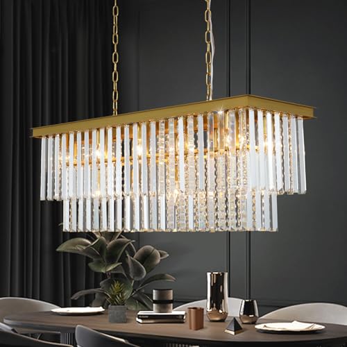 Arotikee Modern Crystal Chandelier for Dining Room 16-Lights Brass Rectangle