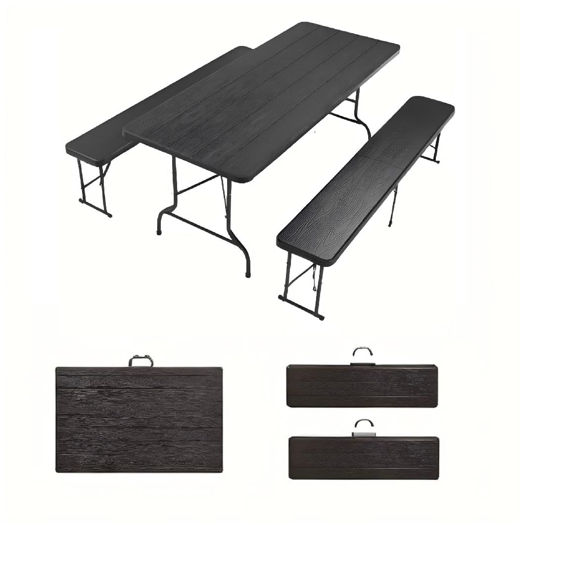 Set Tavolo pieghevole esterno e 2 panche pieghevoli, robusto, stabile, impermeabile, nero
