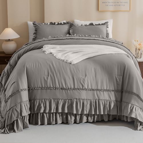 Image of QSH Grey Oversized King Comforter Set 120x120, Farmhouse Ruffled Bed Comforter Gray French Country Rustic Vintage Comforter Microfiber Soft Lightweight Fluffy Shabby Bedding 3 PCs