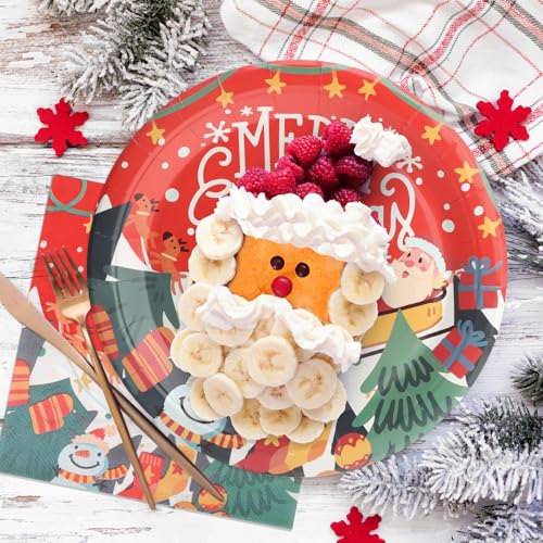 100 PCS Christmas Paper Plates and Napkins, Red Merry Christmas Santa Claus 9 Inch Party Paper Plates and Napkins, Disposable Tableware Set, Serve for 50 Guests – Image 5