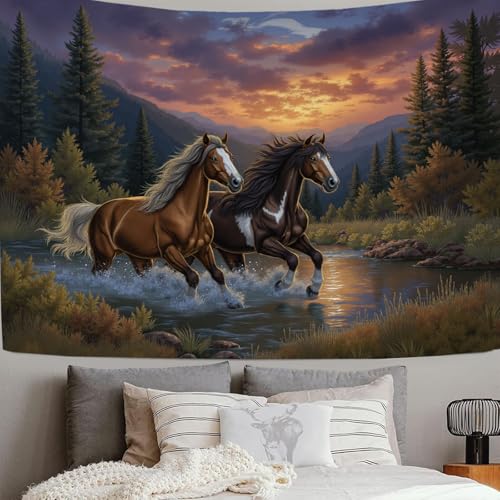SMBHIAON Tapisserie Murale Forêt Montagne Ruisseau Tenture Murale - 150L X 130L Cm Couverture Murales Insert Cheval Forêt Tapisseries Decoration Pour Maison...