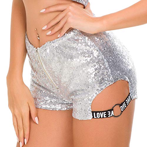 Yollmart Women's Sequin Shorts Yoga Jazz Hip Hop Costume Performance Dance Team-Silver-M