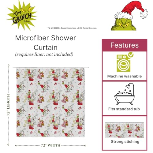Image of Grinch Holiday Christmas 13-Piece Shower Curtain Set, 72 x 72 Inch Fabric Curtain with Hooks, Bathroom Decor, Machine Washable, (100% Officially Licensed Product) by Franco Collectibles