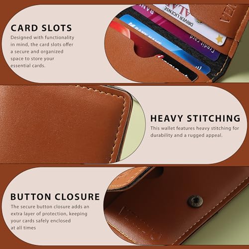 Image of VEMILIO Vegan Leather Card Holder Wallet for Men & Women | Slim Bi-Fold Design | RFID Protected | Button Closure | 3-4 Card Slots | Durable & Travel-Friendly (Tan)