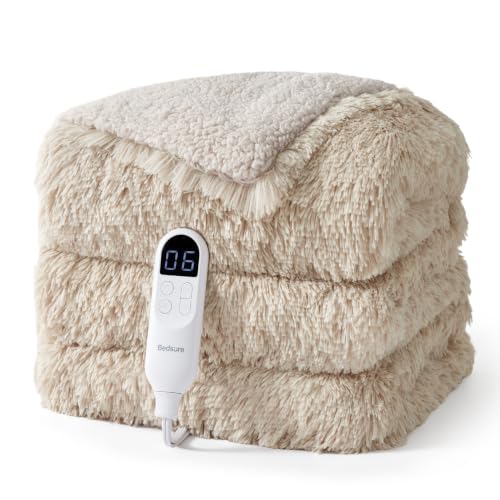 Image of Bedsure Faux Fur Heated Blanket Twin, Long-Pile Electric Blanket, Beige