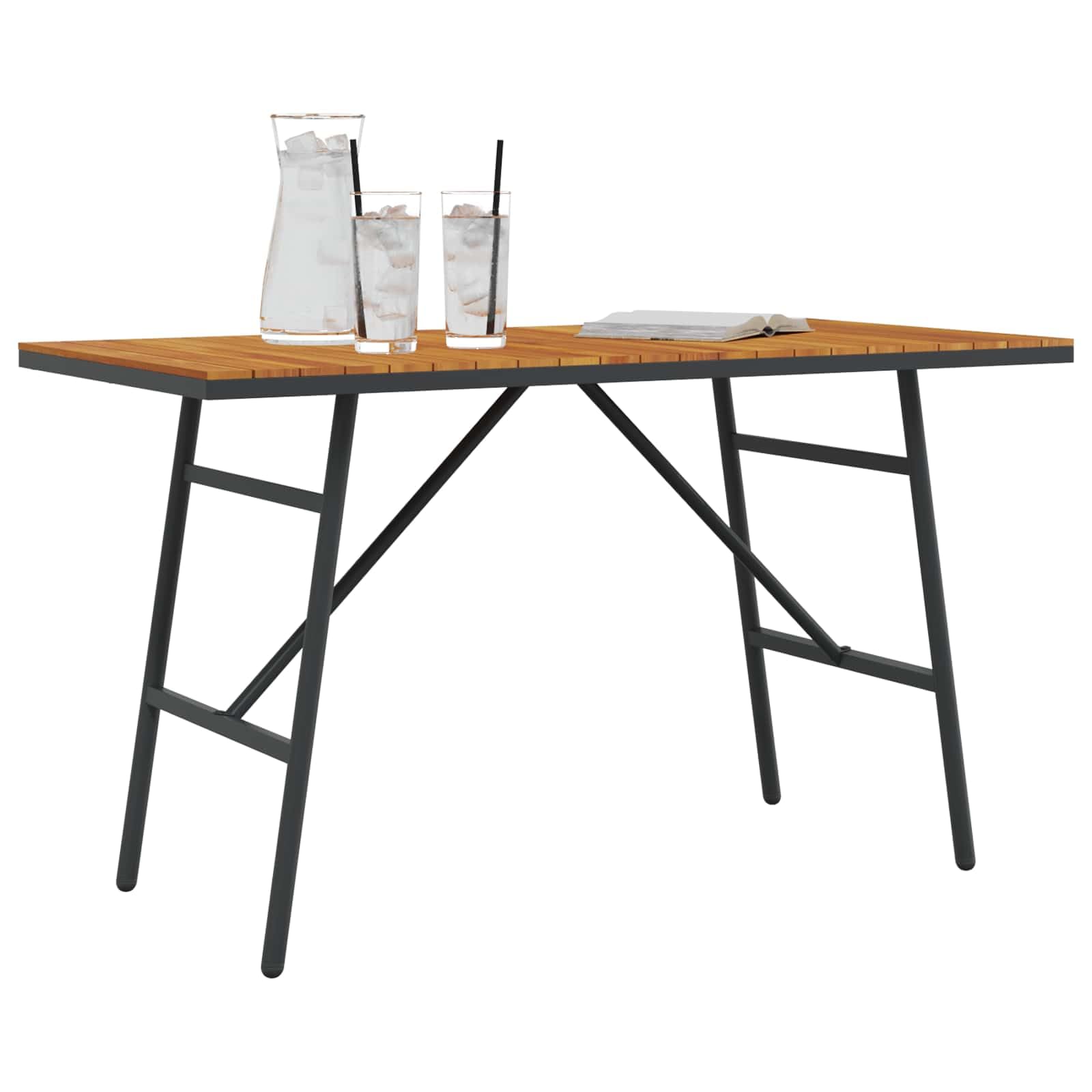 Tavolo da pranzo moderno minimalista marrone in legno di acacia massiccio con gambe in metallo nero, tavolo da giardino terrazza per pasti all'aperto, cene eleganti riunioni familiari