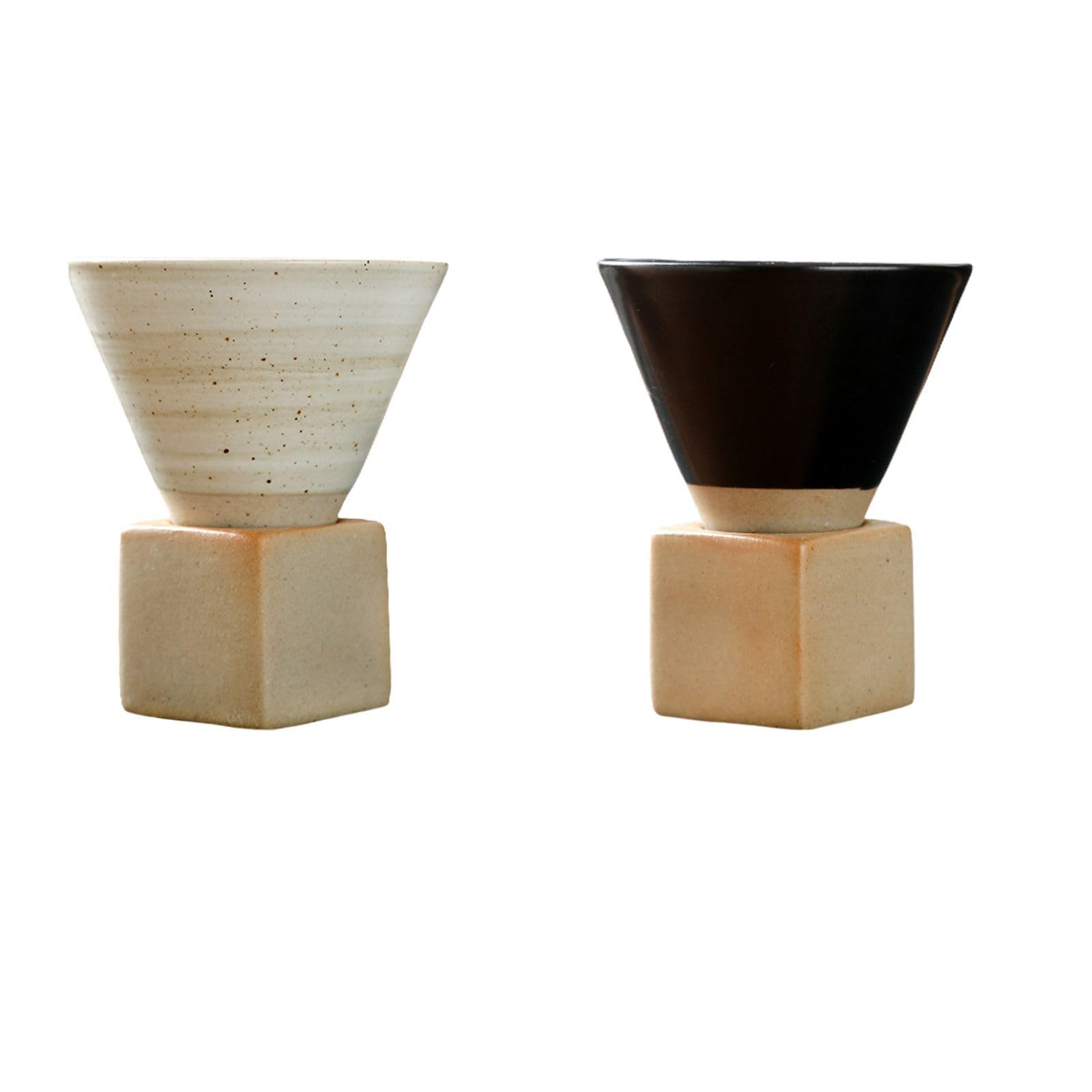 BEIJIALY 2 Pcs Coarse Pottery Coffee Mug with Base, 200ml Ceramic Japanese Coffee Tea Cup Mug, Creative Triangular Cone Shape Porcelain Mug for Home Office(Black White)