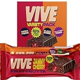 Vive Fruity Nutta Mixed Box – Variety of Fruit Jam Filled Vegan Snack Bars – 80% Fruit & Nut, Belgian Chocolate Coated, High Fibre, Gluten-Free – Pack of 12 Healthy Bars for On-the-Go Snacking