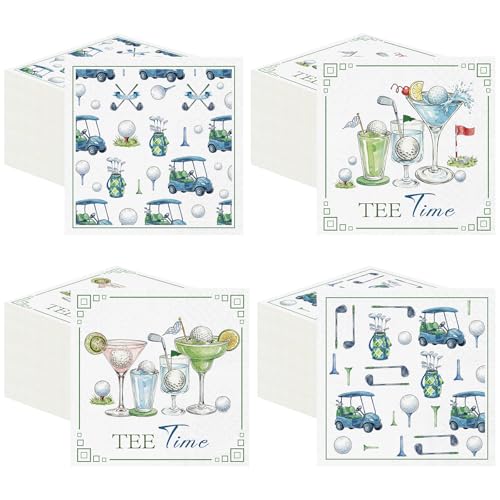 Fulmoon 200 Pcs Tee Time Golf Cocktail Napkins Disposable Watercolor Golf Cocktail Paper Beverage Napkins Decoupage 2-ply Bar Hand Towel for 19th Hole Retirement Summer Birthday Party Favor Supplies