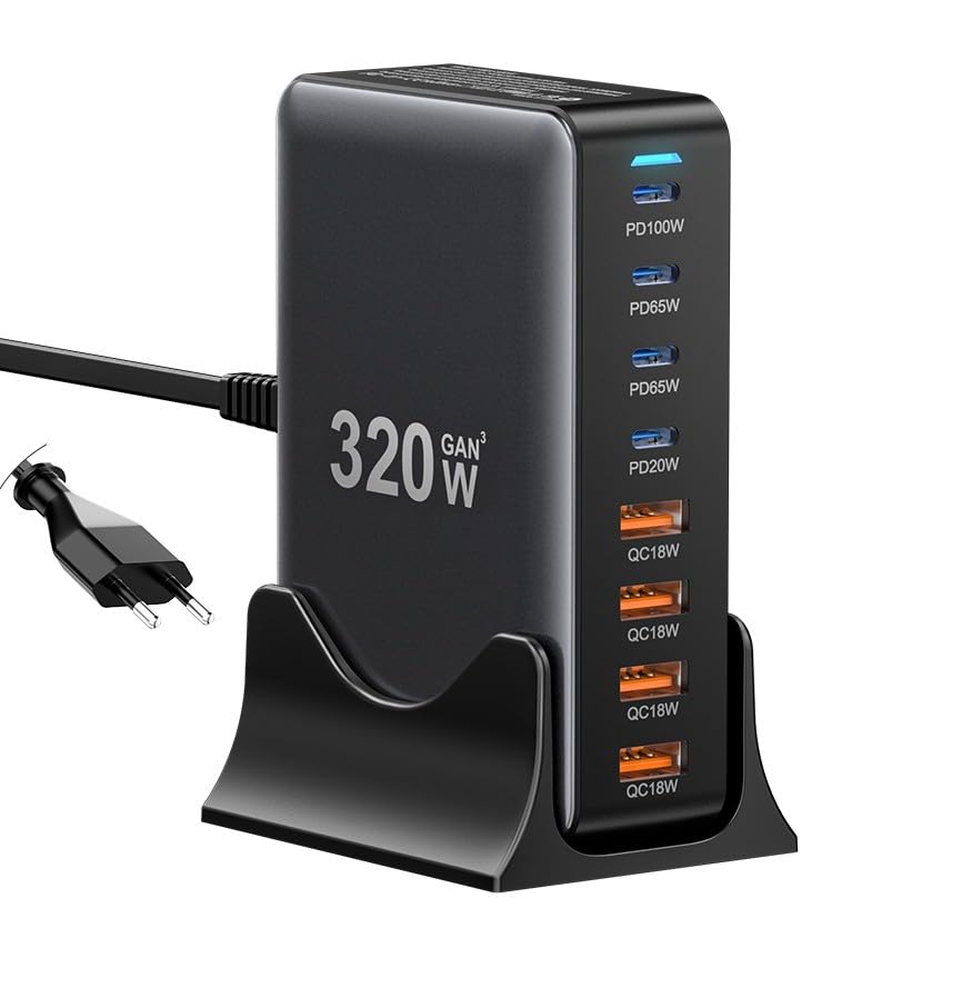 Image of INICIO 320W GaN 8 Port USB C Charger, 4 Type-C / 4 USB PD 100W 65W Fast Charging Station for MacBook iPad Pro Air iPhone 17 16 15 Galaxy S26 S25 Ultra Z Fold XPS 13 /15 Pixel 10 9 Laptops Android etc