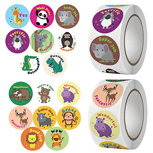 TNSLAND 1000pcs Pegatinas de Recompensa Animales Infantiles Motivadoras Profesor Teacher Stickers Niños Papel Etiquetas Adhesivas Redondas Escuela Regalos Tarjetas Sobres Scrapbooking Manualidades