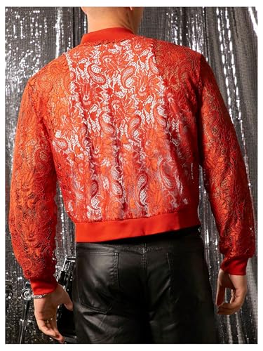 Image of WDIRARA Men's Floral Lace Bomber Jackets Long Sleeve See Through Outerwear