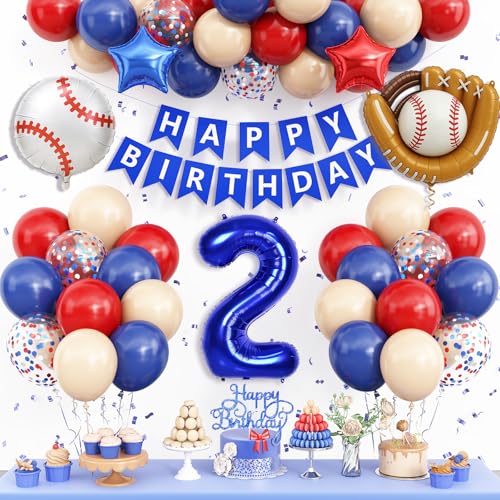 Image of Foil Balloons, 2nd Navy Blue Red 2 Birthday Decorations Boys Baseball Nude