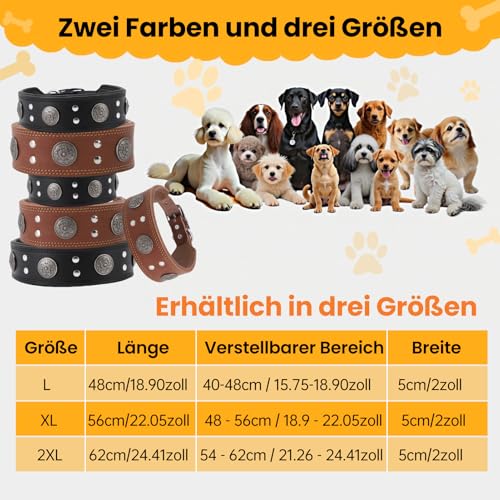 Lederhalsband Hund, 5cm Hundehalsband Leder Breit, Einstellbar Hunde Halsbänder Mit Metallschnalle, Halsband Hund Breit Für Große Und Mittelgroße Hunderassen XL