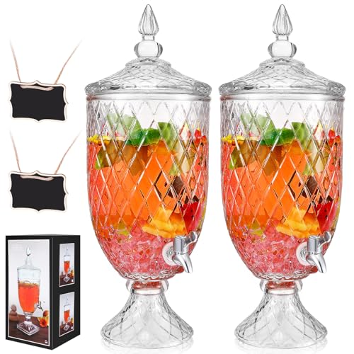 Baderke 2 Pcs 1.3 Gallon Drink Dispensers for Parties Glass Iced Beverage Dispenser Clear Crystal Beverage Dispenser with Spigot and 2 Wooden Chalkboards for Bar Home Outdoor(Grid)