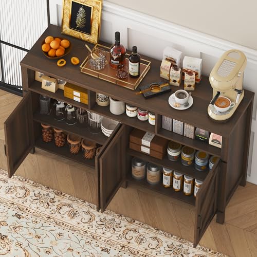 Buffet Sideboard with Storage Farmhouse with 4 Doors, 55'' Large Kitchen Storage Cabinet Wood Coffee Bar Cabinet Buffet Table with Shelves for Kitchen, Dining Room, Entryway (Brown, 55in) - Image 5