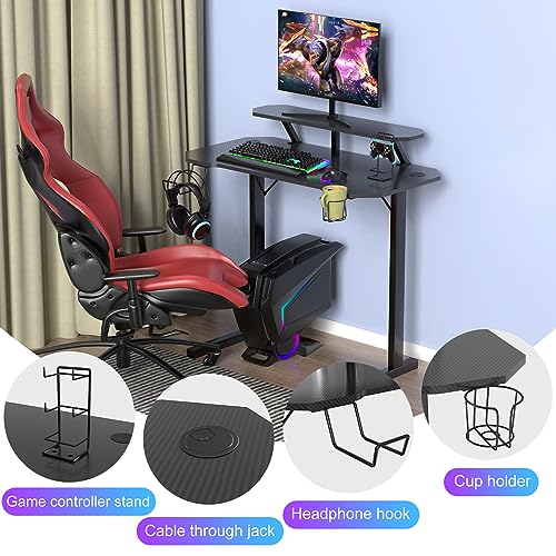 Bureau Gaming, Bureau Informatique pour Gaming PC Informatique, Table en Fibre de Carbone, 100 x 54 x 74 cm Noir Desk avec Porte Gobelet et Crochet pour Casque – Image 5