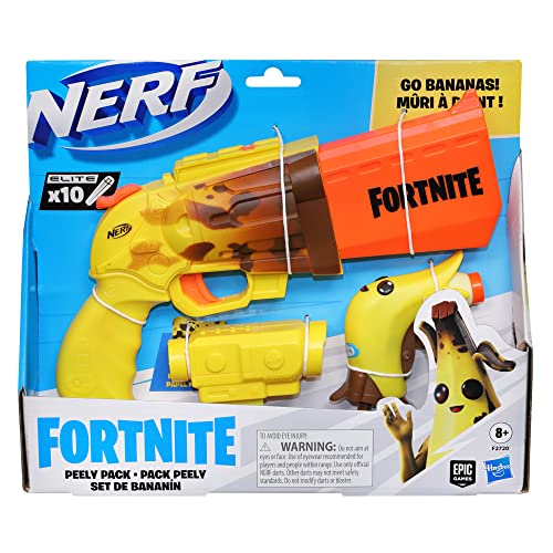 Image of Nerf Fortnite 2-Blaster Peely Pack Includes SR-Ripe Blaster with 4-Dart Hammer Action, Micro Peely Blaster, and 10 Official Nerf Elite Darts