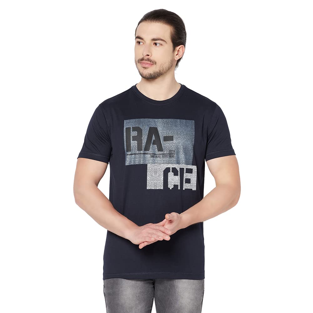 CantabilMen Navy Blue Cotton Blend Round Neck Half Sleeve Printed T-Shirt (P_MTSH00119_NAVY)