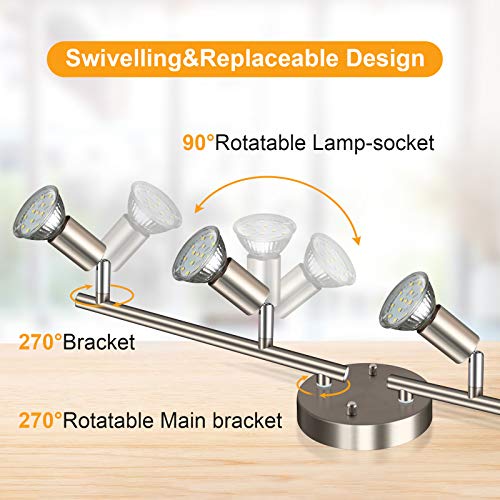 Unicozin 4 Light LED Track Lighting Kit, Matt Nickel 4 Way Ceiling Spot Lighting, Included 4 x GU10 LED Bulbs (4W, Daylight White 5000K, 400LM, Non-Dimmable), Rotatable Light Head Track Light - Thumbnail 2