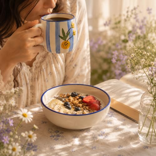 Image of Ceramic Breakfast Set | Bowl & Coffee Mug Combo | Cute Aesthetic Tableware Set for Breakfast, Snacks & Beverages | Microwave & Dishwasher Safe (Blue Stripe)