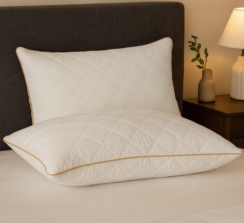 Image of Homerz Premium Set of 2 Quilted Pillow, Virgin Fiber Filled (17 x 27 inch / 43 x 69 cm) | Luxury Queen Size Bed White Microfiber Pillows |Neck Support, Machine Washable (Quilted, Set of 2)