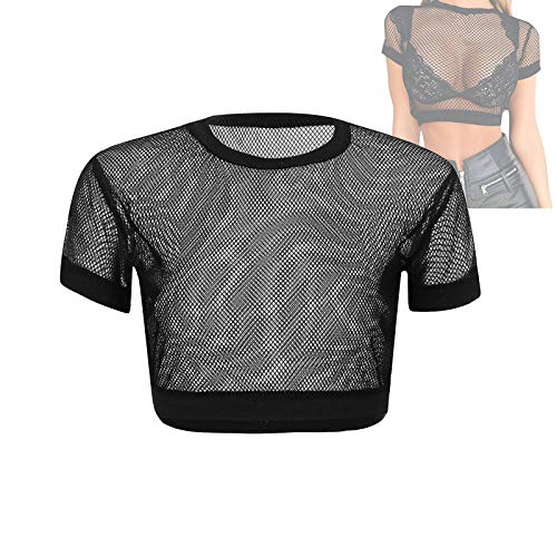 Vandove Damen Crop Tops Sexy Spitze Bustier T-Shirt Rundhals Mini Bra Weste Oberteile Bluse Dessous Netz Oberteile Clubwear Sehr Kurz Party Blusen Bodysuit (Schwarz, L) Cover