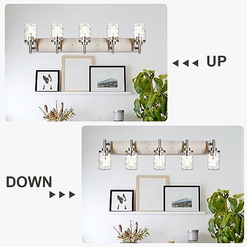 Image of Bathroom Vanity Lighting Fixtures 5 Lights,Brushed Nickel Bathroom Vanity Lights with Clear Hammered Shade Wall Sconce Lighting Modern Farmhouse Bath Lighting