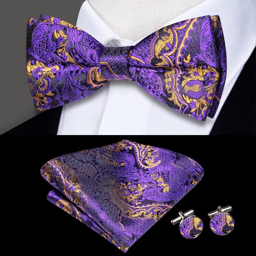 Image of Dubulle Mens Paisley Striped Bowtie Set Pre-tied Bowtie for Men and Pocket Square Set Wedding Business