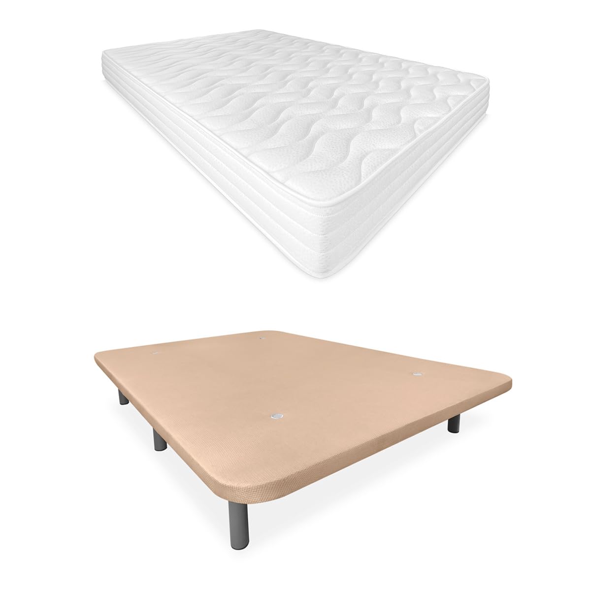 Somnia Descanso - Cama Completa con Colchón Sena 20 Reversible + Base Tapizada 3D Reforzada Color Beige con 6 Patas Metálicas Roscadas, 135 x 190