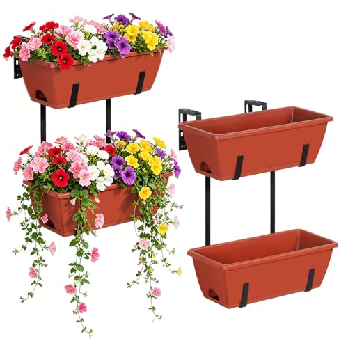 Railing Planter Box 4 Pack Window Boxes Planters 16.9 Inch Rectangular Planter with Adjustable Brackets 2 Tier Outdoor Balcony Hanging Planters Set of 2 for Railings Garden Porch Patio, Brick Red