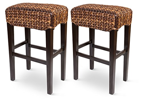 Bird Rock Hand Woven Seagrass Backless Barstool (Bar Height) - Set of 2 - Mahogany Wood Frame - Fully Assembled