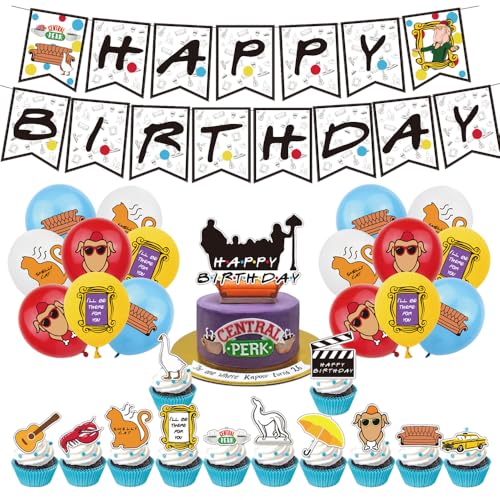 SMLHPARTY Friends Birthday Decorations: 16pcs Balloons, 1pcs Banner, 13pcs Cake Toppers (Blue, Yellow, White) - Friends TV Show Theme