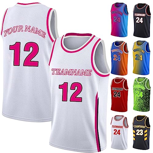 Custom Basketball Jersey Team Name Number Personalized Practice Shirt for Women Youth Kids Girls College University, White Pink, S~4XL