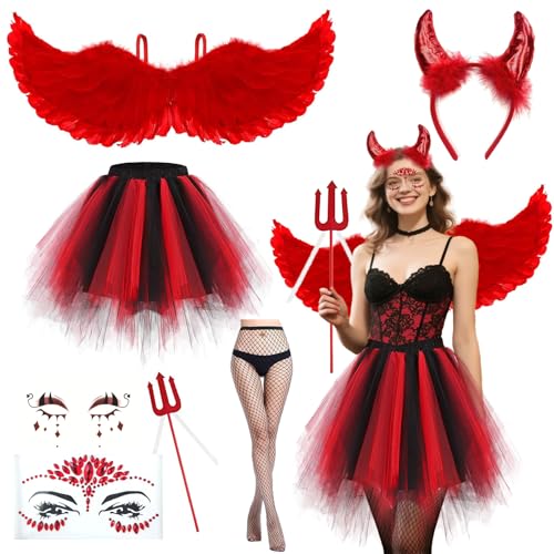Engel Teufel Kostüm Damen Rot Set, 80CM Engelsflügel Rot Erwachsenes, 7 Stück teufel kostüm flügel rote flügel kostüm damen mit Tüllrock...