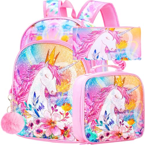 Image of CCJPX 3PCS Unicorn Backpack for Girls, 16 inchKids Preschool Sequin Bookbag and Lunch Box for Kindergarten Elementary