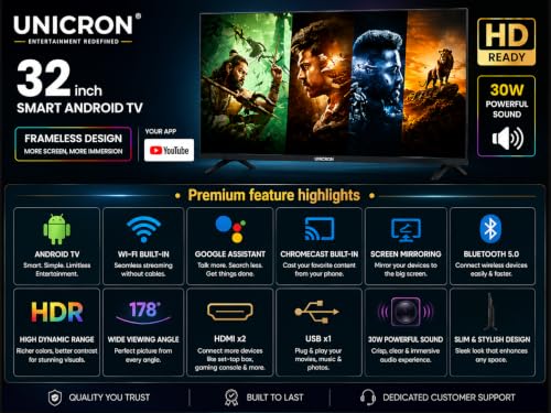 Image of UNICRON 32 inch smart tv Android Frameless Smart LED TV HD Ready Built-in WiFi | HDMI & USB Connectivity | Built-in Apps Compatible,YouTube, Netflix, Prime Video More (Black)
