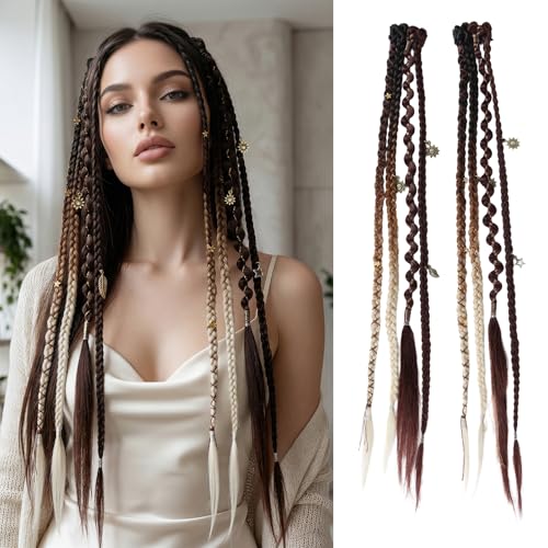 CenXRui 16 Clip in Braid Hair Extensions Boho Dreadlocks Extensions with Beads & Charms 2Pcs Hand-Woven Synthetic Viking Hair for Women Festival & Cosplay (Dark Chocolate Brown with Copper Mixed)