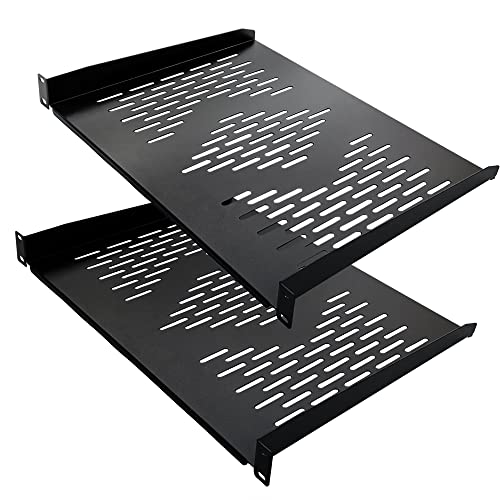 RIVECO 2 Pieces 1U Rack Shelves 19 Tray Cabinet Mount Vented Cantilevers for Network Equipment Shelf Mounting 14 Inches 35CM Depth Black 2PCS