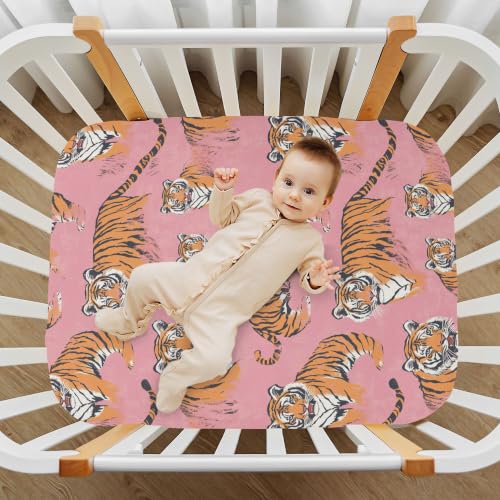 Image of Vintage Cute Tigers Pinks Crib Sheets Soft Breathable Fitted Baby Crib Sheets Mattress Cover for Girls Boys, 52 inch x 28 inch x 9 inch