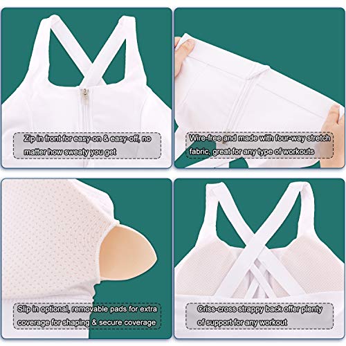 Image of Cordaw Zipper in Front Sports Bra High Impact Strappy Back Support Workout Top