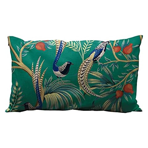 Wozukia Exotic Bird Throw Pillow Covers Vintage Garden Pomegranate Fruit Tree Plant Floral Exotic Chinoiserie Turquoise Linen Fabric for Couch Bed Sofa Car Waist Cushion Cover 12 x 20 inch Pillow Case Cover