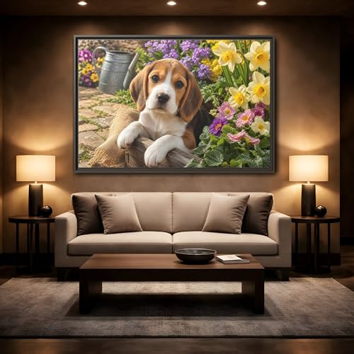 Toile Beagle réaliste pour égayer un mur vide, cadre noir 90x60 cm