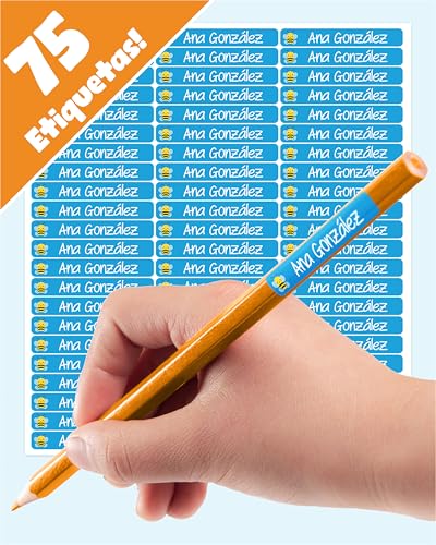 75 Etiquetas Para Lapices y Bolígrafos   Pegatinas Personalizadas Nombre   Etiquetas Adhesivas Personalizadas Resistentes al Agua   Etiquetas Escolares para Niños (AZUL)