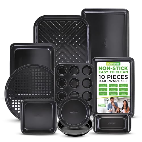 NutriChef 10-Piece Non-Stick Baking Pans Set – Deluxe Carbon Steel Bakeware Set w/ Cookie Sheets, Muffin Pan, Roasting Pan, Cake Pan, Baking Tray, Pizza Pan – Easy to Clean, Black