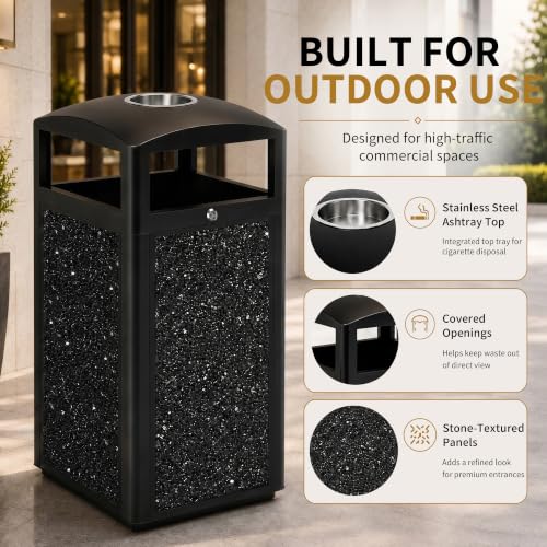 Image of Commercial Outdoor Trash Can with Ashtray and Lockable Lid | Heavy Duty，15 Gallon, Removable Inner Liner, Stone Composite Panels, Black