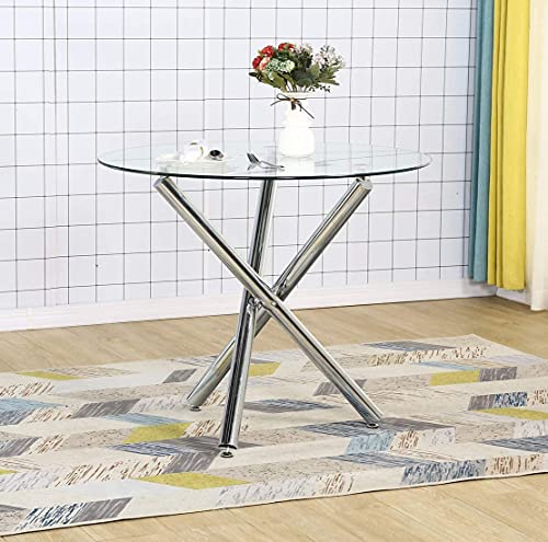 Round Glass Dining Kitchen Table With Chrome Legs Modern Leisure Coffee Table With Tempered Glass Top For Small Space,Dining Room,Kitchen(Three Legs Round Glass, 35.4 X 29.5 In) #TOP9