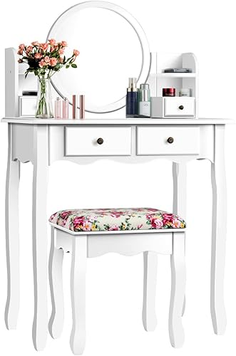 LDAILY Juego de mesa de tocador con espejo redondo giratorio de 360, tocador con taburete, 4 cajones y 4 estantes de almacenamiento, escritorio de