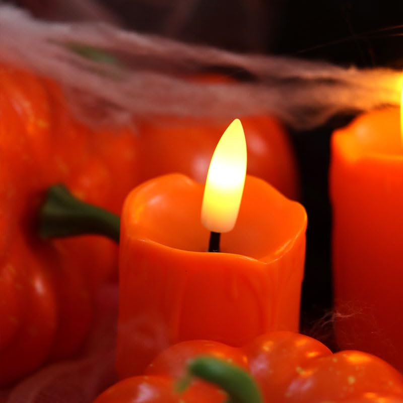 Image of 6 Pack LED Flameless Votives with Built-in Timer Realistic Black Wick Drips Battery Operated Electric Candle Set for Home Party Wedding Halloween Christmas Decorations 1.5 inch D x 3.5 inch H, Orange